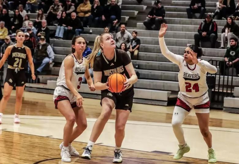 Nielsen stands with the ball in her hand, while looking up at the hoop. She is standing just inside the 3-point line, with an opponent on either side of her.