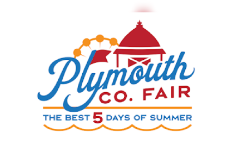 The Plymouth County Iowa Fair logo is orange, red, and blue, contains the words "Plymouth Co. Fair, the best 5 days of summer" and has outlines of a ferris wheel and barn.