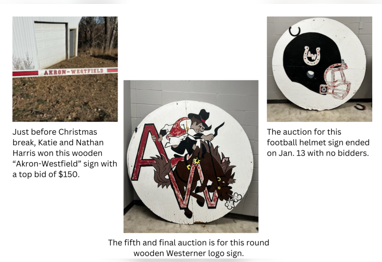 A photo of three Akron-Westfield signs that were up for auction. These are older signs that previously hung at various places in the district.